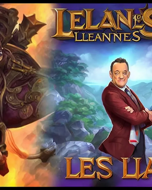 Image similar to tom hanks as a character in the game league of legends, with a background based on the game league of legends, detailed face