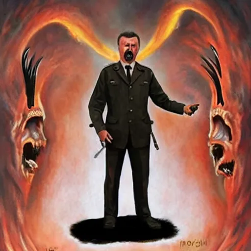 Prompt: igor ivanovich strelkov became an angry degraded satanic hellfire demonic abomination and calling for total mobilization, photo - realistic, color image, 2 k, highly detailed, bodyhorror, occult art