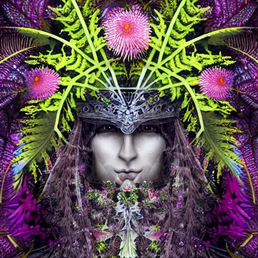 Image similar to a male knight, stern face, clear eyes, shining armour made of steel and flowers, and fractal flowery hair in a fractal garden, glowing delicate flower, berries and ferns that grow in a dark fantasy forest, full frame,