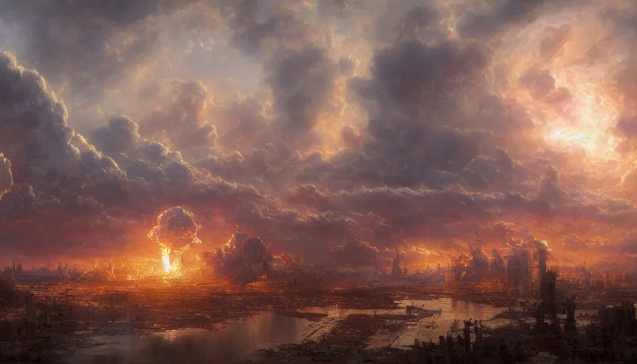 Image similar to post - apokalyptic, nuclear explosion on the horizon, destruction capital city of the free republic of liberland hyperdetailed, artstation, painting by gaston bussiere, craig mullins, j. c. leyendecker, 8 k