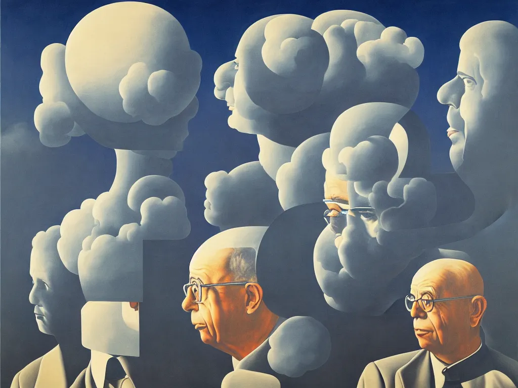 Image similar to the giant head of stanislaw lem is hovering above the futurological congress, painted by james jean and rene magritte