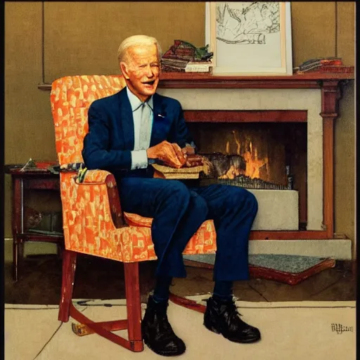 Image similar to a norman rockwell painting of the Joe Biden sitting in a chair, cozy fire, award winning,