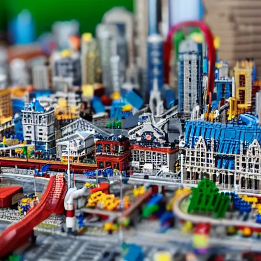 Prompt: a large scale city made of legos, 3 5 mm, shallow depth of field, diorama, 4 k