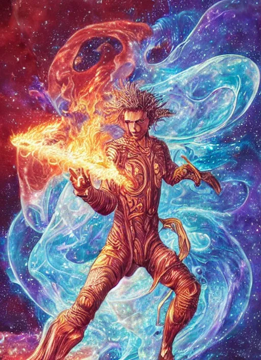 Image similar to high intricate colored ink drawing of the sandman holding a glimmering fire - galaxy, full shot, neil gaiman, maria panfilova, andrea savchenko, mike kime, ludovic plouffe, qi sheng luo, oliver cook, julian calle, eddie mendoza, trending on artstation