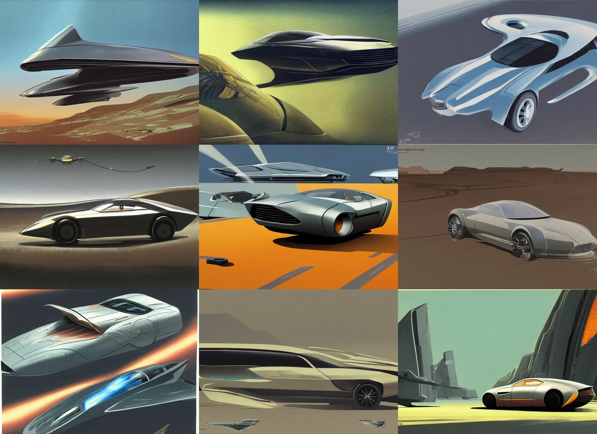 Prompt: futuristic Aston Martin (2053), concept art, Dan McPharlin, Ralph McQuarrie