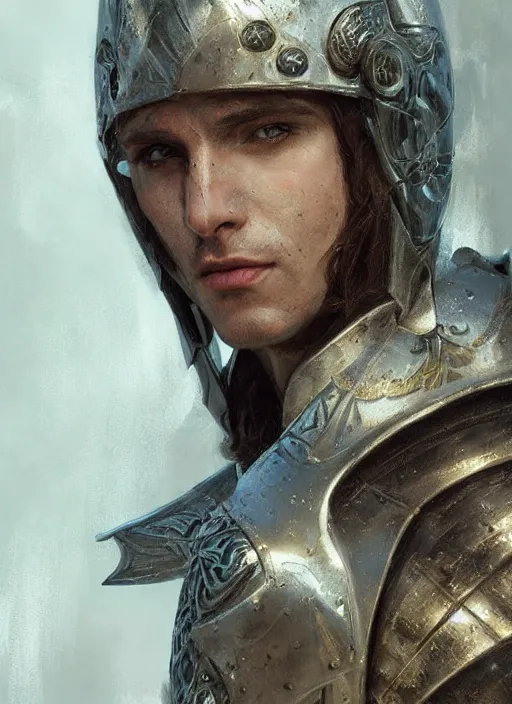 Prompt: portrait of an elf wearing medieval armour, male, detailed face, fantasy, highly detailed, cinematic lighting, digital art painting by greg rutkowski
