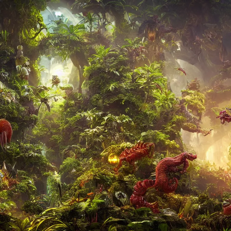 Image similar to octane render by lavinia fontana and naoto hattori and william henry hunt, a vast beautiful luscious alien jungle filled with glowing strange exotic plants and small critters, 8 k, volumetric lighting and shadows, unreal engine, cgsociety