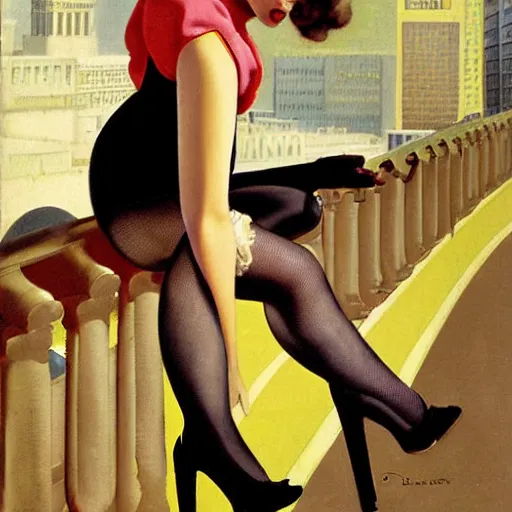 Prompt: woman, city, street, kitten heel, by gil elvgren, olivia