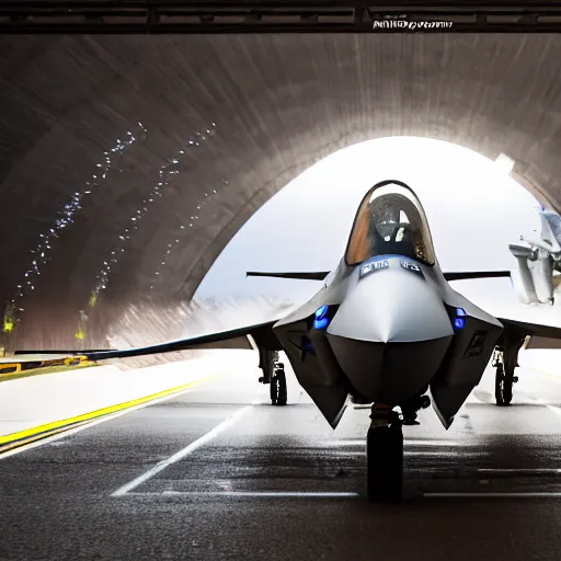 Prompt: an extremely detailed 4k photography of an F35 with gears up flying towards the camera, exiting a well-lit highway tunnel, cinematic lighting, long shot angle, centered composition, 1/400 f2.8 ISO400, 200mm lens