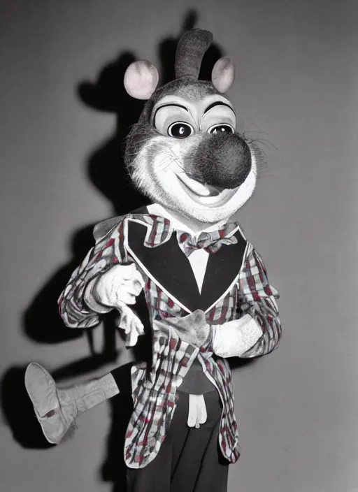 Image similar to Chuck E. Cheese mascot grainy 1940’s circus portrait of an anthropomorphic rat animatronic dressed like a clown, professional portrait HD, mouse, Chuck E. Cheese head, authentic, mouse, costume weird