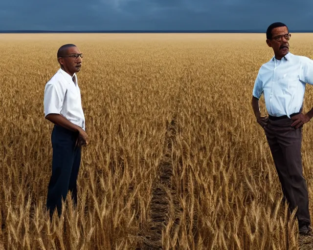 Image similar to extreme long shot of walter white and gustavo fring standing facing each other from a distance in a wheat field, low angle, side view, 8 5 mm photograph, 8 k resolution, wide shot, sharp lens, high detail, cinematic