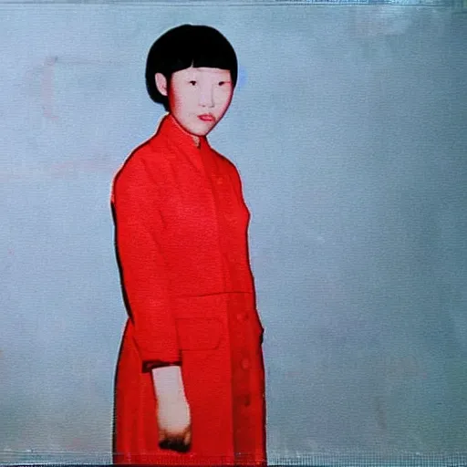 Image similar to a colored photorealistic photo of a chinese canadian girl elisa lam wearing a everyday dress that is red at the cecil hotel in los angeles