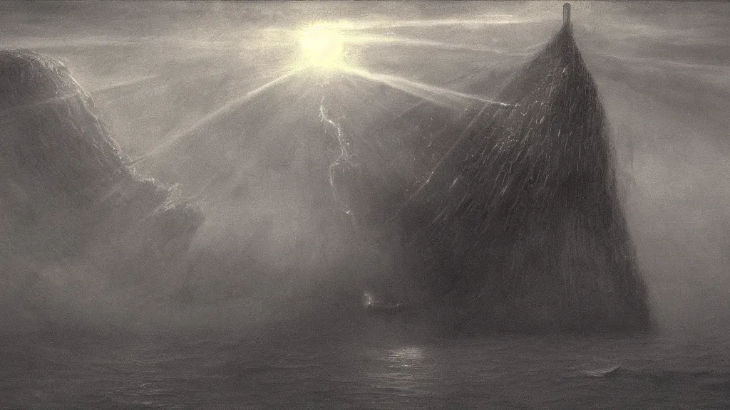 Image similar to environment in the ocean, a huge monster of the deep emerges out of the darkness of the deep ocean waters to attack a small submarine, tentacles, Beksiński, Achenbach, horror, cinematic lighting, Technicolor, crepuscular rays