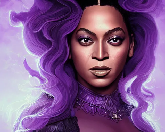 Image similar to a mind - blowing portrait of beyonce as a wizard, purple hair, bat familiar, deep focus, d & d, fantasy, intricate, elegant, highly detailed, digital painting, artstation, concept art, matte, sharp, illustration, hearthstone, art by artgerm and greg rutkowski and alphonse mucha