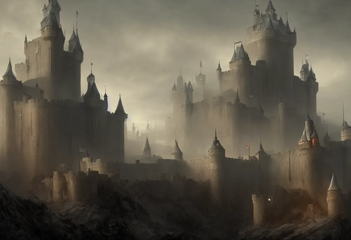 Image similar to castle with 3 0 years war, ultra high definition, ultra detailed, symmetry, fog, matte painting, by greg rutkowski and ross tran and wlop