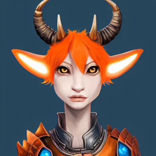 Image similar to illustrated realistic tilted head portrait female prong-horned kobold with blue bob hair with black-eyes wearing strap leather armor, orange glow, backlit by rossdraws