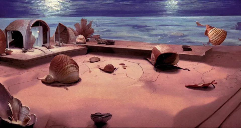 Image similar to seashell house where a little girl lives, atmospheric cinematography by syd mead and emmanuel lubezki