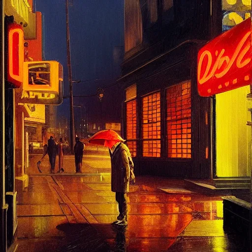 Prompt: A yorkie at night in the world of Edward Hopper, stormy snowy weather, streetlights, extremely detailed masterpiece, oil on canvas, low-key neon lighting, artstation, Blade Runner 2049, Roger Deakin’s cinematography, by J. C. Leyendecker and Peter Paul Rubens,