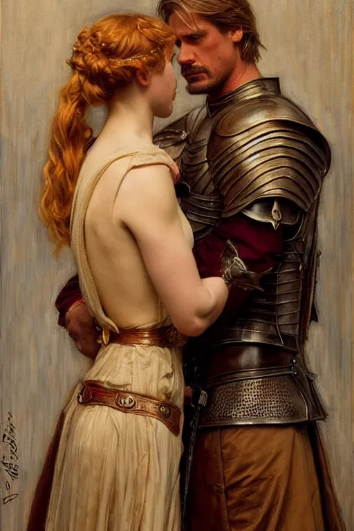 Prompt: attractive fully clothed young jaime lannister confesses his love for his attractive fully clothed brienne of tarth. highly detailed painting by gaston bussiere and j. c. leyendecker 8 k