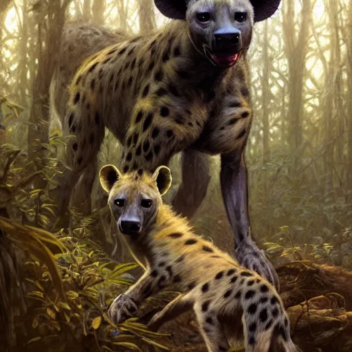 Image similar to photo of a humanoid hyena feeds hyena puppies in the forest, highly detailed, digital painting, artstation, smooth, sharp focus, illustration, art by artgerm and greg rutkowski and alphonse mucha