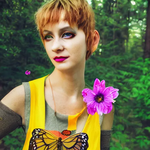 Prompt: Cottagecore Cyberpunk 20's Pretty Girl Portrait, Short Hair, Scientist, Nature, Flower Butterfly Vest, Cinestill 800T, Cyberpunk Makeup, Butterfly, Flowers, Halo, Neon, Ultraviolet, Pine, Cottage Hippie Naturalist, Future activist, Skyscraper Forest Community, award-winning, fine art, beautiful, clear view painting by Gaston Bussiere