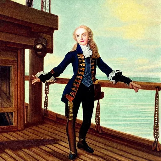 Image similar to a beautiful, friendly, calm, blonde, well - dressed, steampunk, covered, armed, pirate captain, standing on the deck of her ship gazing at the horizon in 1 7 3 0, detailed award - winning time - less painting
