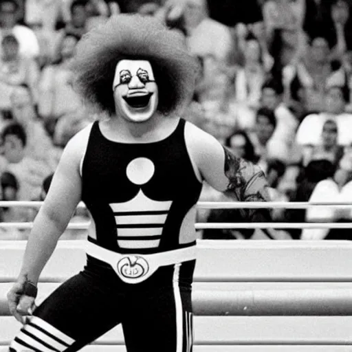 Prompt: Ronald McDonald as a wrestler in WWE, 1990