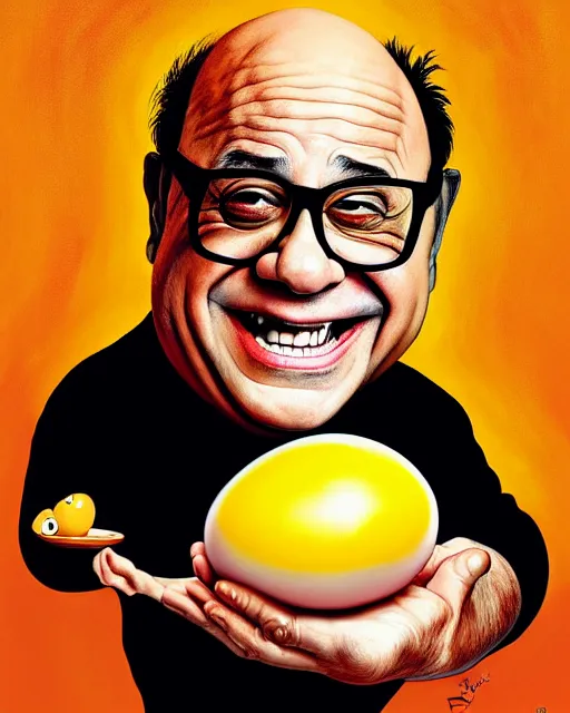 Image similar to painting portrait of danny devito as an egg, cartoon, warm lighting, danny devito has an egg body, movie poster, illustration by bartek fedyczak, erak note, tooth wu, neil richards, kan liu, siwoo kim, jisu choe, trending on art station