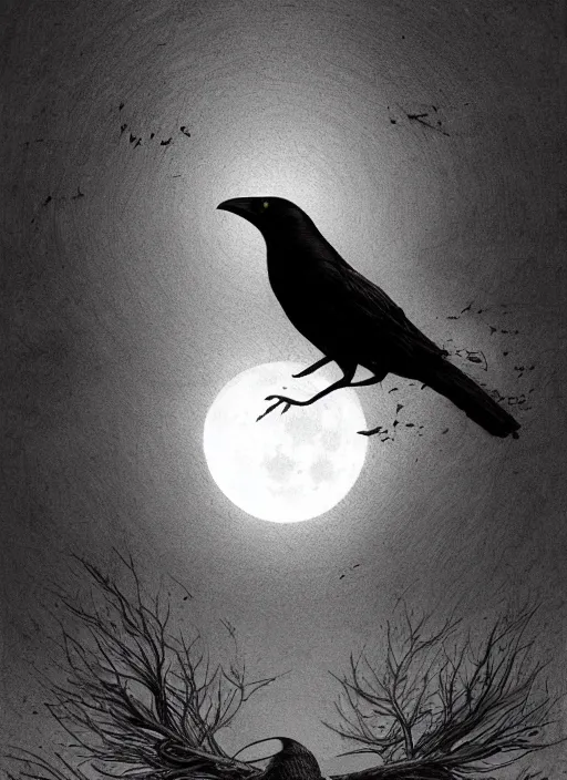 Image similar to portrait, A crow in front of the full big moon, book cover, red white and black colors, establishing shot, extremly high detail, foto realistic, cinematic lighting, pen and ink, intricate line drawings, by Yoshitaka Amano, Ruan Jia, Kentaro Miura, Artgerm, post processed, concept art, artstation, matte painting, style by eddie mendoza, raphael lacoste, alex ross