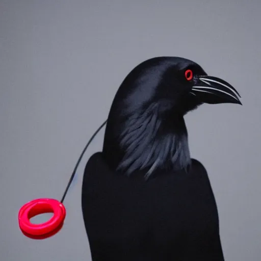 Prompt: crow in red headphones