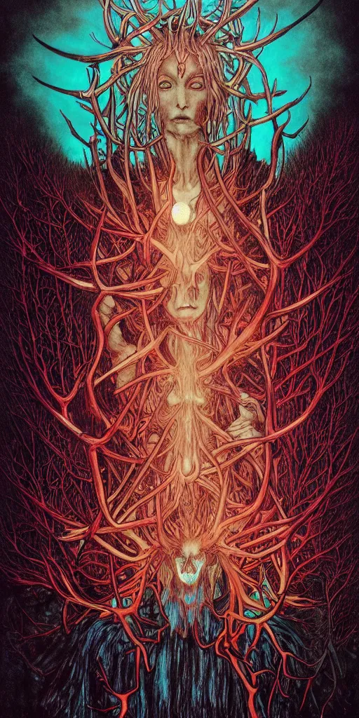 Image similar to intense glowing black metal pagan god with antlers and veins and intense glowing eyes in very dark forest by shintaro kago and beksinski and alphonse mucha, portrait, fantasy, clear, red and teal and yellow, light beams, lens flare, intense, uhd, amazing depth, cinematic lighting