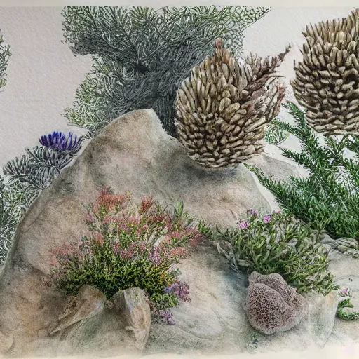 Prompt: delicate coastline mountain garden on paper, stony, puffy, botanical herbarium, botanic watercolors, iridescent, 8 k wide angle, realistic shaded, fine details, artstation, italian, colonnade, oak, pinecone, pomegranade, vines, gardena architecture, pompeian, sicilian