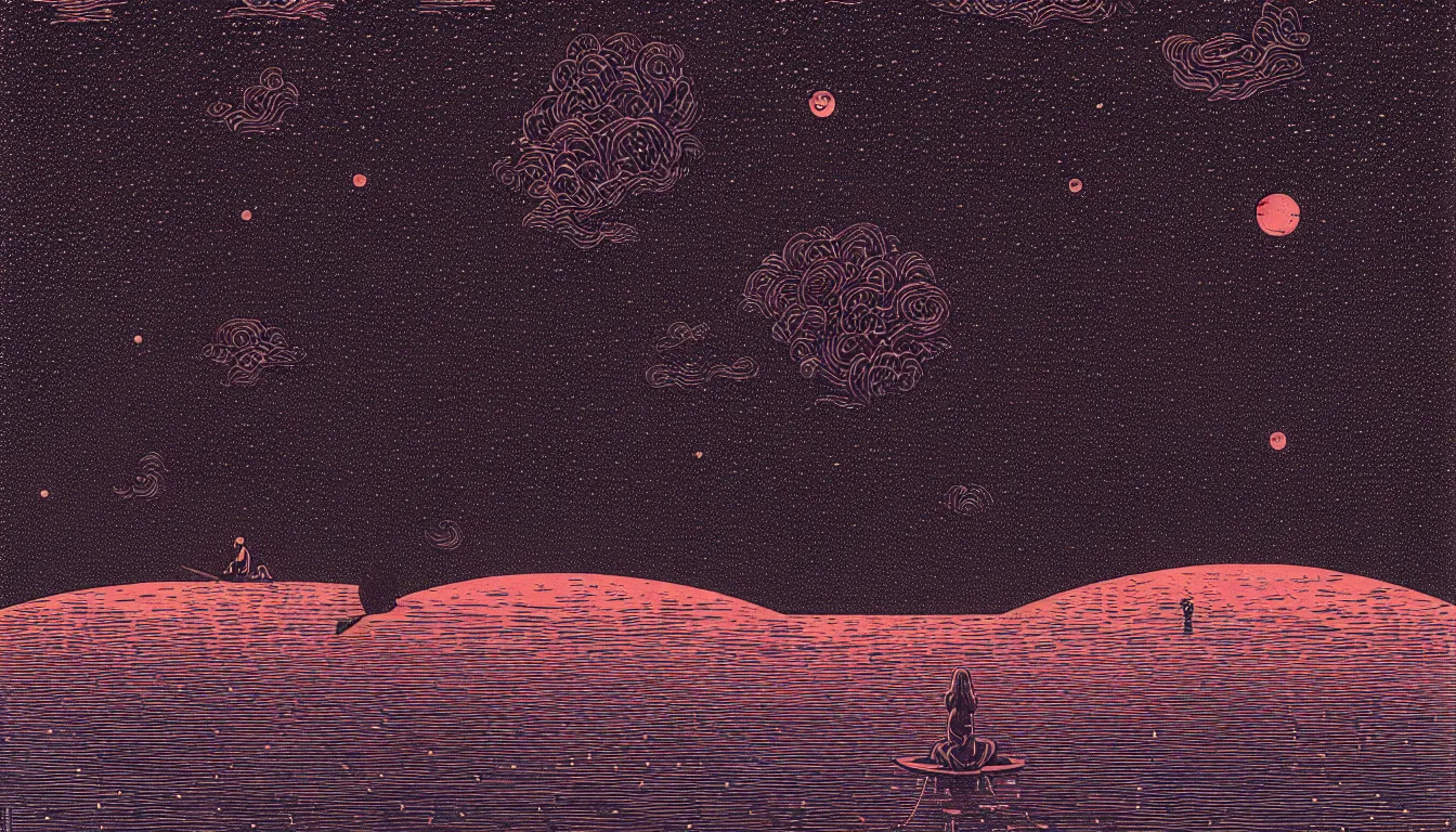 Image similar to standing in a lake looking at reflection of the night sky by woodblock print, nicolas delort, moebius, victo ngai, josan gonzalez, kilian eng