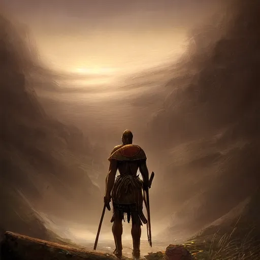 Image similar to a lone spartan warrior aftermatch scavenging for food in the wilderness casper david friedrich raphael lacoste vladimir kush leis royo volumetric light effect broad light oil painting painting fantasy art style sci - fi art style realism artwork unreal engine