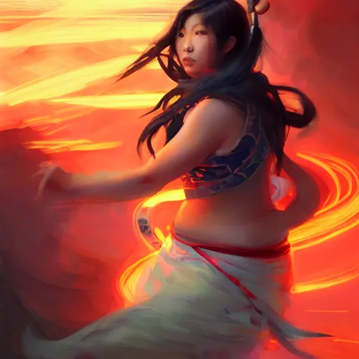 Image similar to curvy asian ethnic warrior girl, digital illustration by ruan jia on artstation, outlined by whirling illuminated neon lines and fine lines swirling in circles by jesper ejsing and rhads and makoto and shinkai and lois van baarle, digital art, trending on artstation - h 9 6 0