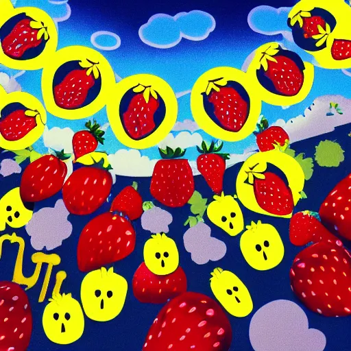 Prompt: strawberry fields forever and a yellow submarine floating in the sky ,