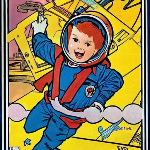 Image similar to a cute little boy with a mischievous face and short ginger hair. he is dressed as an astronaut. well composed, clean elegant painting, beautiful detailed face. comic book art by steve ditko and jack kirby and ( alphonse mucha )