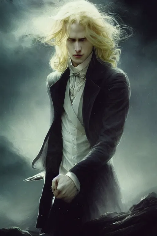 Prompt: the pale blond johan liebert mixed with alucard picture by Greg Rutkowski, very very very very long blond curly hair, baroque curls, dynamic pose, matte painting, intricate, z brush, fantasy concept art, elegant, by Stanley Artgerm Lau, WLOP, golden ratio, thomas kindkade, alphonse mucha, loish, Peter chung, norman Rockwell,