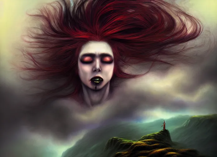 Image similar to realistic detailed image of a female Amazon warrior auburn hair blowing in an angry, stormy mountain top, anime art, anime, inspired by Mark Ryden and H.R. Giger and Zdzislaw Beksinski, gothic, rich deep colors. A masterpiece.