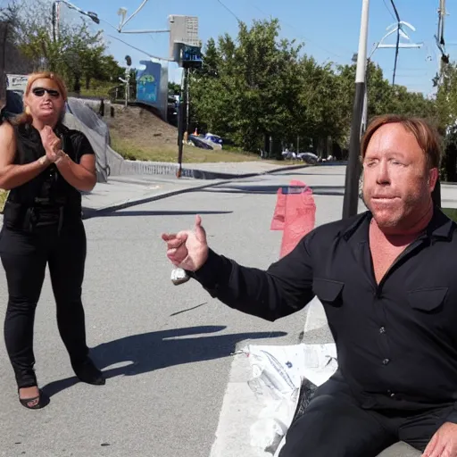 Image similar to alex jones begging for money on the side of the road, award winning press photo