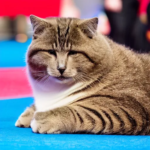 Prompt: a chonky cat, 1 0 5 mm photography, laying on a red carpet