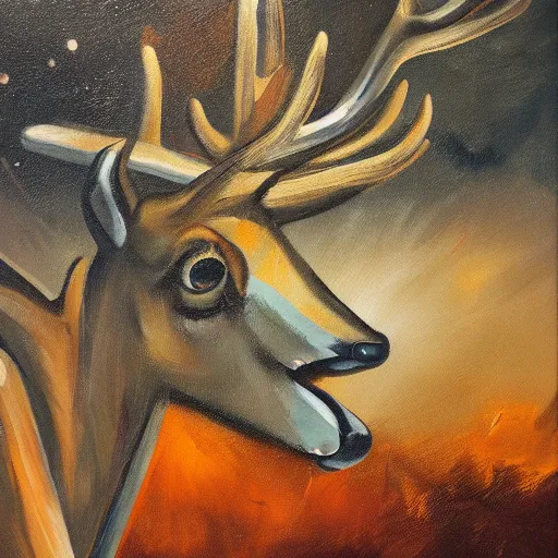 Prompt: deer smoking a cigarette at night, stylized, artistic, expressive, oil on canvas, thick paint brush strokes