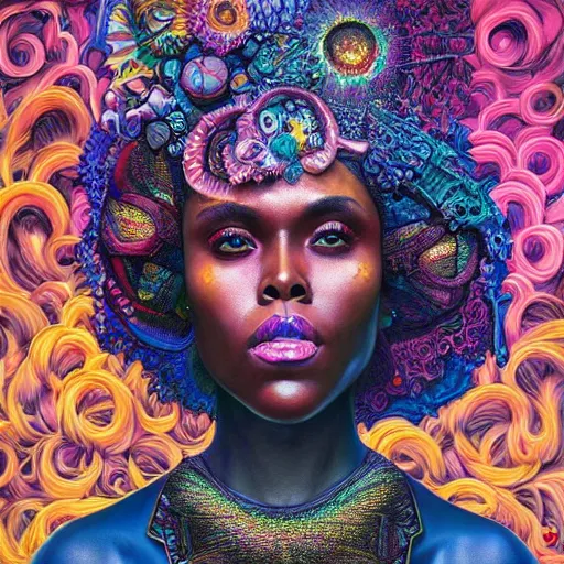 Prompt: portrait of dewanda wise, hyper detailed masterpiece, neon floral pattern, jean giraud, digital art painting, darkwave goth aesthetic, psychedelic, artgerm, donato giancola and tom bagshaw