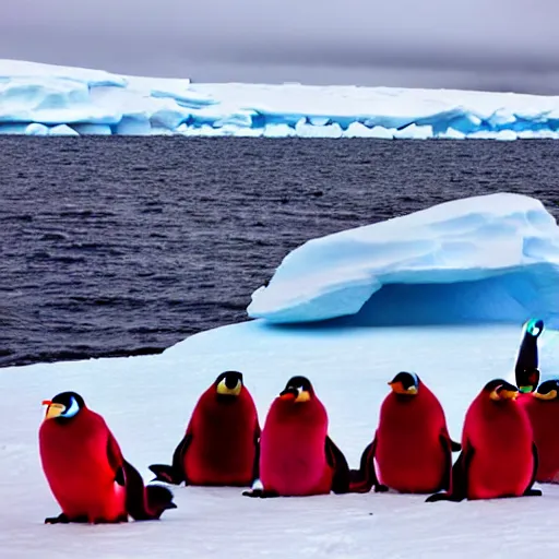 Prompt: a red camping chair in the middle of antarctica. the chair is 3 0 meters away from the camera and the chair is surrounded by a group of penguins.