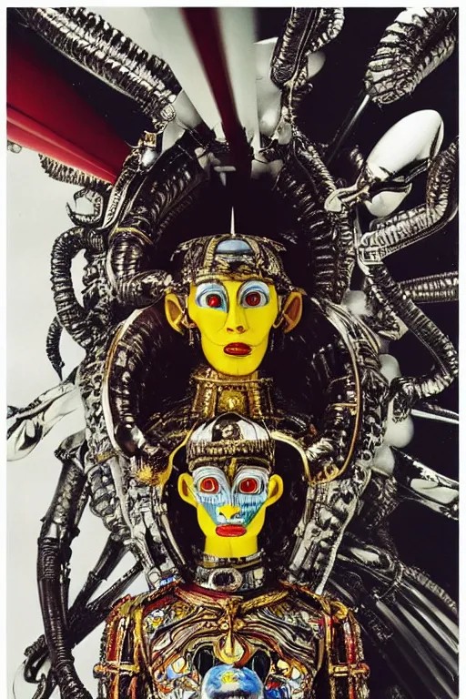 Image similar to kodachrome still symmetry frame from Alien Covenant movie by Takashi Murakami, Count Orlok wearing Polish Winged Hussars armor made with porcelain dressed by Salvatore Ferragamo and by Chanel, metal couture haute couture painted by Peter Paul Rubens and by John Baeder by Jean-Michel Basquiat, editorial fashion photography, from vogue magazine