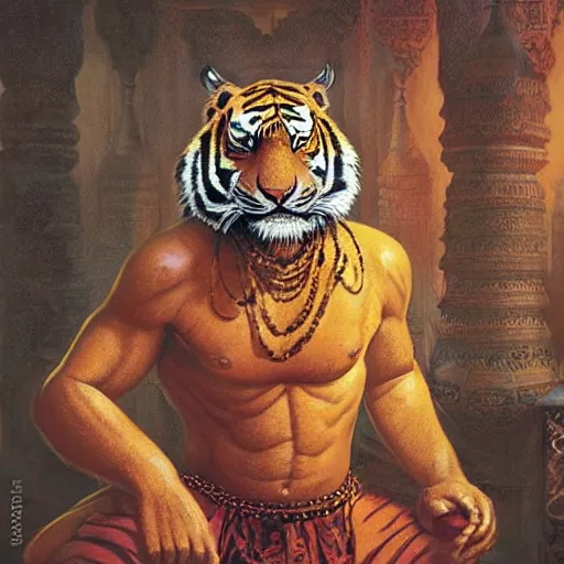 Image similar to head and shoulders portrait of a tiger rakshasa in a luxurious indian setting, d & d, fantasy, greg rutkowski, frank frazetta, alexandre chaudret, boris vallejo, michael whelan, miro petrov, hr giger, magali villeneuve, donato giancola