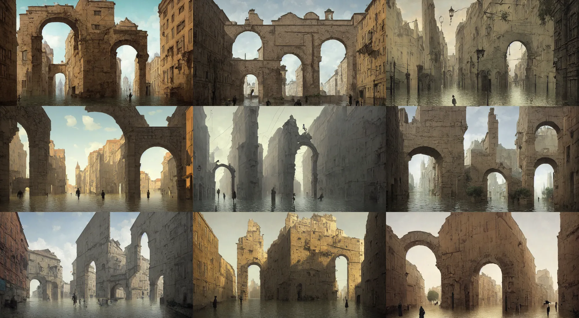 Prompt: flooded ancient street empty arch, a high contrast! minimalist ultradetailed photorealistic painting by rene magritte simon stalenhag carl spitzweg jim burns, contrasting, white background, full - length view, vibrant colors, symmetry, great composition, high detail, cinematic lighting, award winning masterpiece, trending on artstation