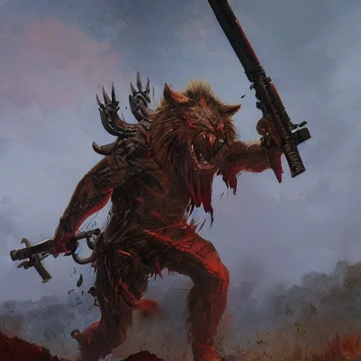 Image similar to a red skinned demon with rifle, stomp on a wolf skull, by greg rutkowski, magic the gathering, 4 k