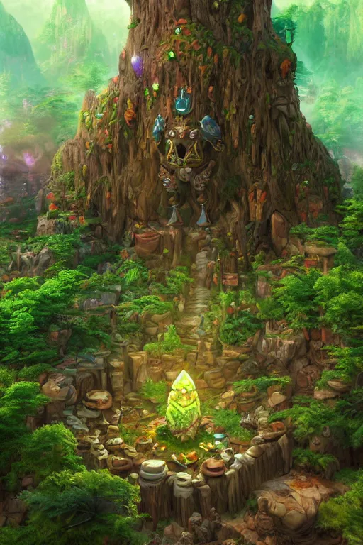 Image similar to zelda fantasy art giant golem troll wood rock greeble gemstone enchanted forest, global illumination ray tracing hdr fanart arstation by sung choi and eric pfeiffer and gabriel garza and casper konefal bastion forged hardmesh lisa frank zbrush central radiating a glowing aura global illumination ray tracing hdr