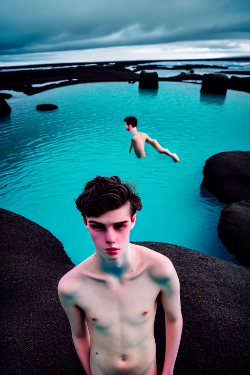 Prompt: high quality pastel coloured film mid angle docu photograph of a beautiful young 2 0 year old male, soft features, short black hair, swimming, jumping in an icelandic black rock pool environment. atmospheric. three point light. photographic. art directed. ( pastel colours ). volumetric light. clearcoat. waves glitch. 8 k. filmic.